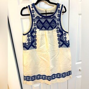 Sleeveless embroidered blue and white madewell dress
